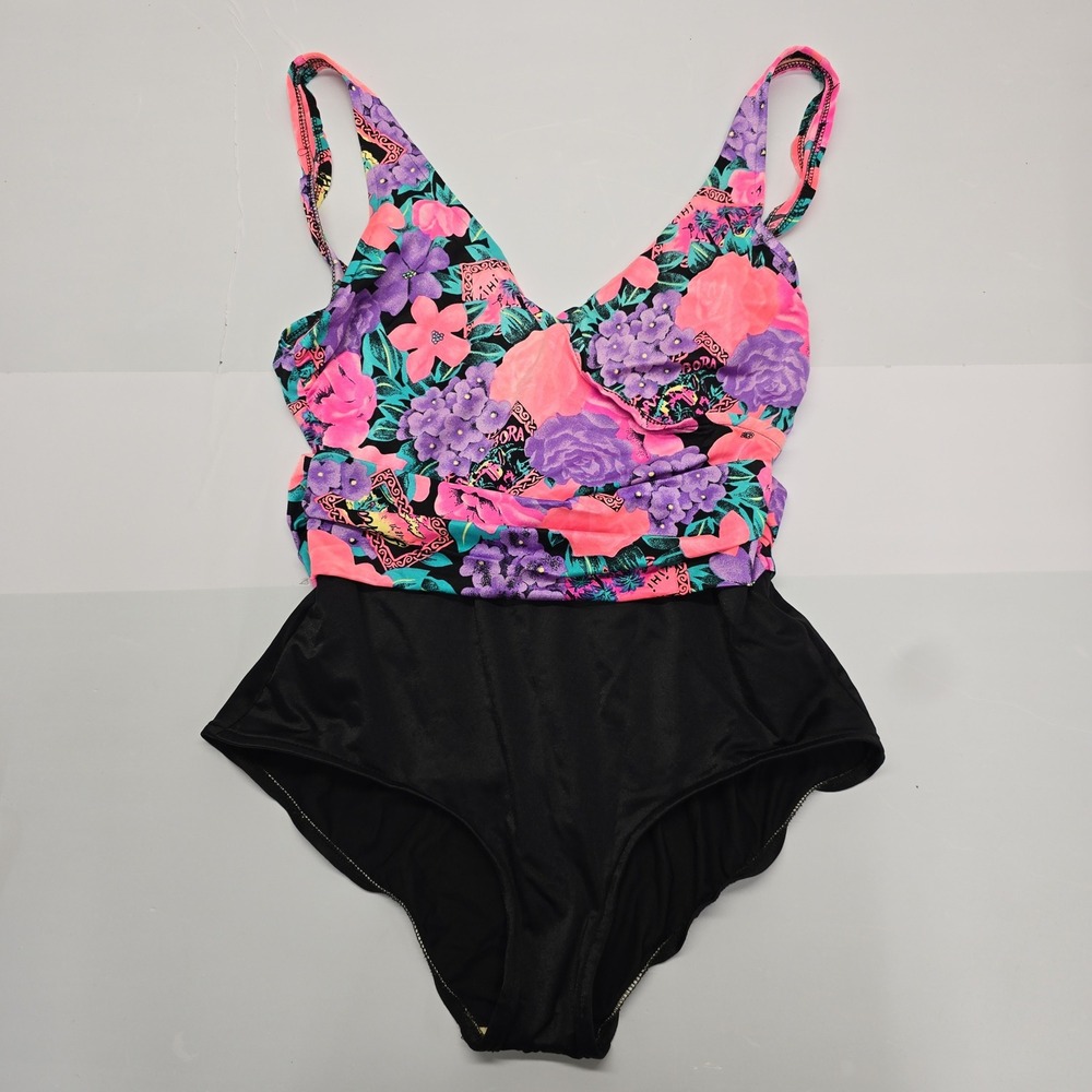 Catalina Vintage Neon Floral One‎ Piece Swimsuit Black Pink Purple Retro 14